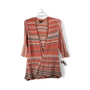 Style & Co Coral Striped Open Knit Cardigan Women’s 0X Cotton Blend Boho Sweater
